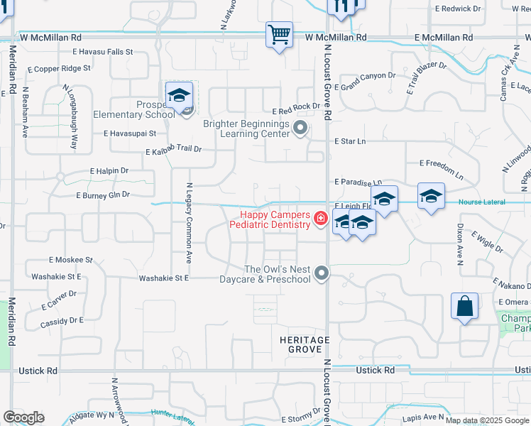 map of restaurants, bars, coffee shops, grocery stores, and more near 1240 East Leigh Field Drive in Meridian