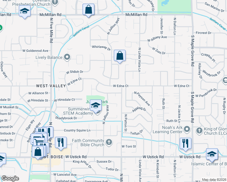 map of restaurants, bars, coffee shops, grocery stores, and more near 9885 West Edna Street in Boise