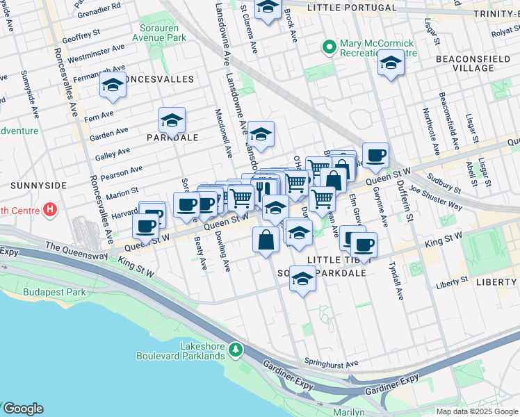 map of restaurants, bars, coffee shops, grocery stores, and more near 10 Lansdowne Avenue in Toronto
