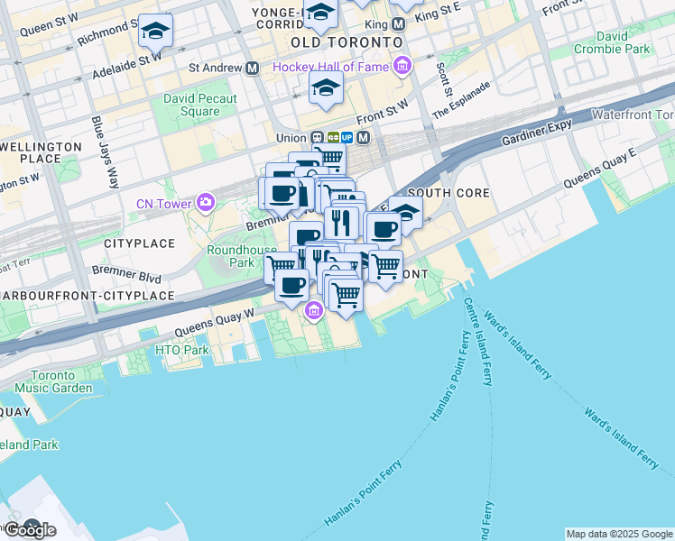 map of restaurants, bars, coffee shops, grocery stores, and more near 8 York Street in Toronto