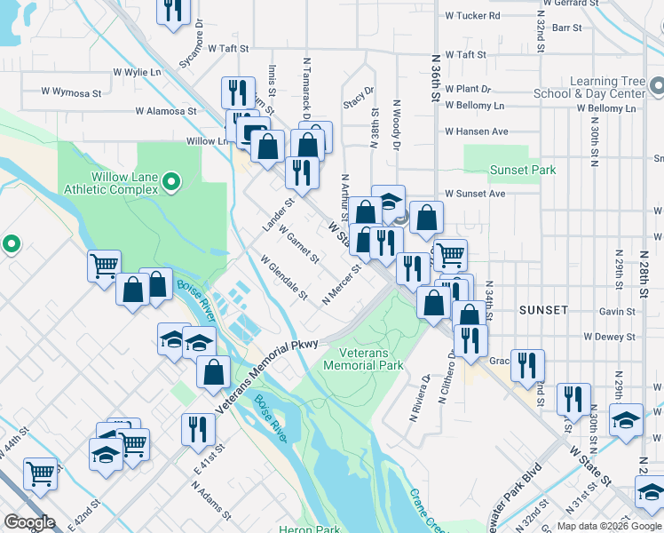 map of restaurants, bars, coffee shops, grocery stores, and more near 1109 North Arthur Street in Boise