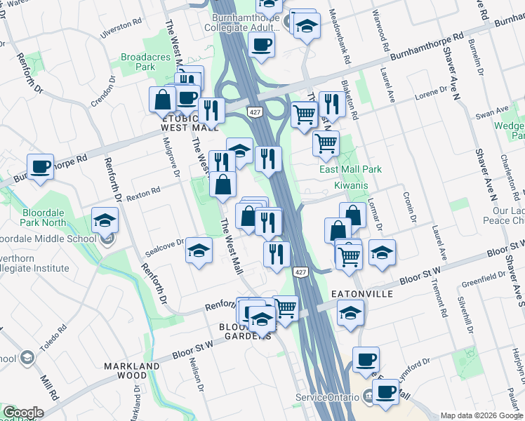 map of restaurants, bars, coffee shops, grocery stores, and more near in Toronto