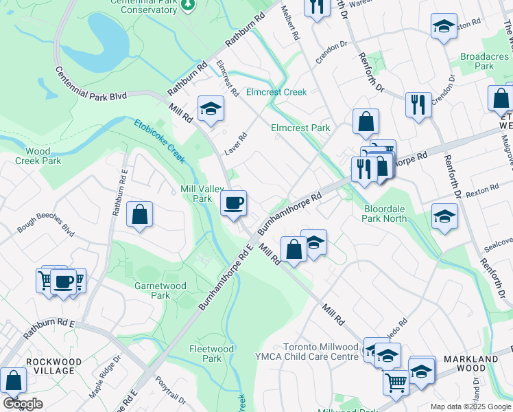map of restaurants, bars, coffee shops, grocery stores, and more near 30 Stoneham Road in Toronto