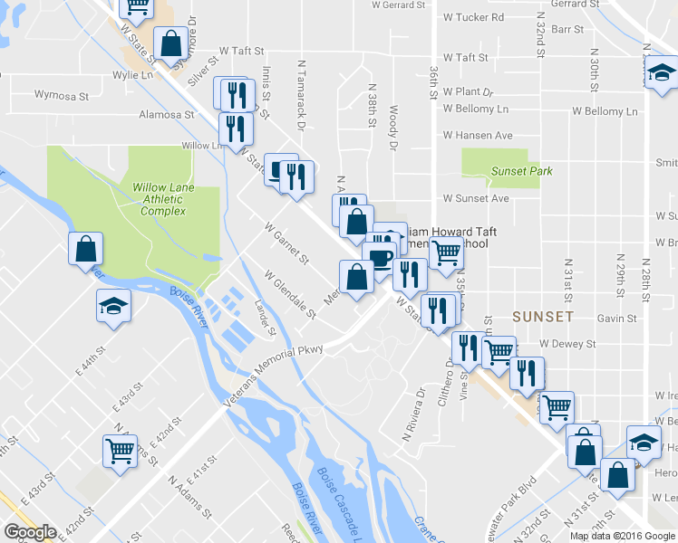 map of restaurants, bars, coffee shops, grocery stores, and more near 1109 North Arthur Street in Boise