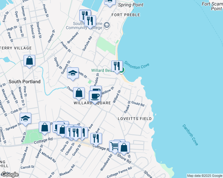 map of restaurants, bars, coffee shops, grocery stores, and more near 29 Willow Street in South Portland