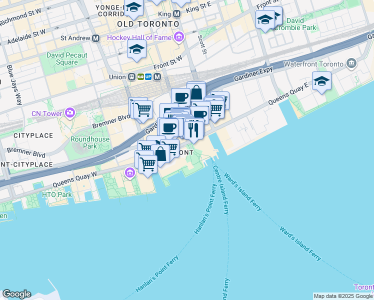 map of restaurants, bars, coffee shops, grocery stores, and more near 21 Queens Quay West in Toronto