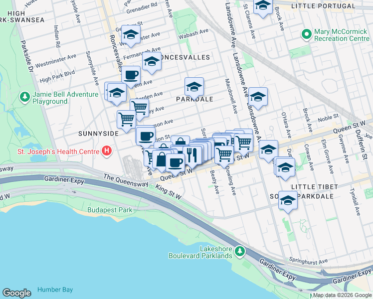 map of restaurants, bars, coffee shops, grocery stores, and more near in Toronto