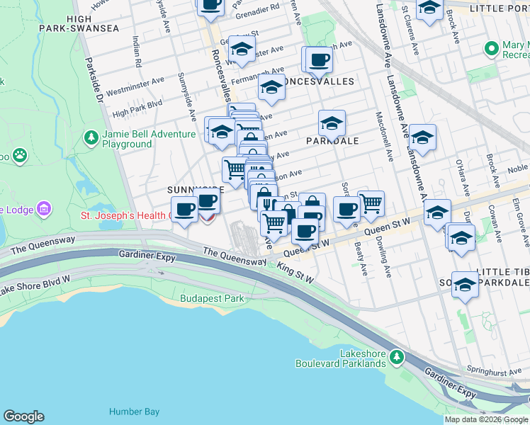 map of restaurants, bars, coffee shops, grocery stores, and more near in Toronto
