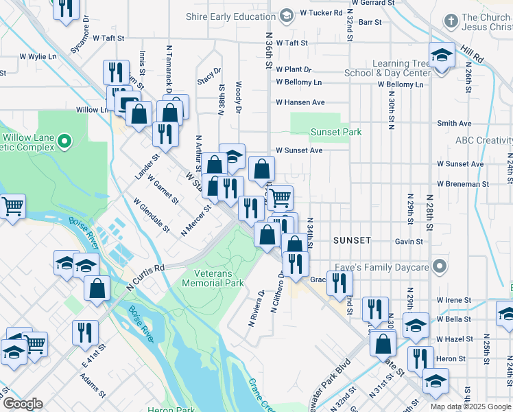 map of restaurants, bars, coffee shops, grocery stores, and more near 2313 36th Street in Boise
