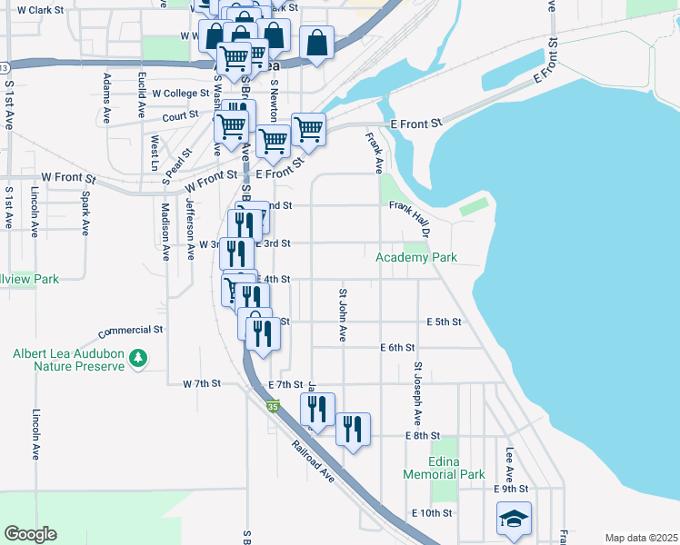 map of restaurants, bars, coffee shops, grocery stores, and more near 321 East 4th Street in Albert Lea