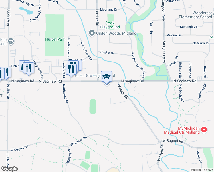 map of restaurants, bars, coffee shops, grocery stores, and more near 3901 North Saginaw Road in Midland
