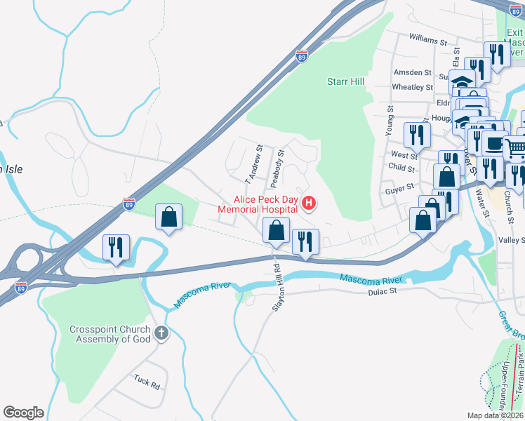 map of restaurants, bars, coffee shops, grocery stores, and more near 12 Peabody Street in Lebanon
