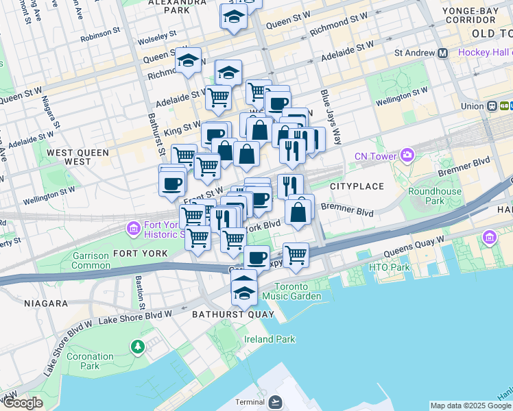 map of restaurants, bars, coffee shops, grocery stores, and more near 7 Iceboat Terrace in Toronto
