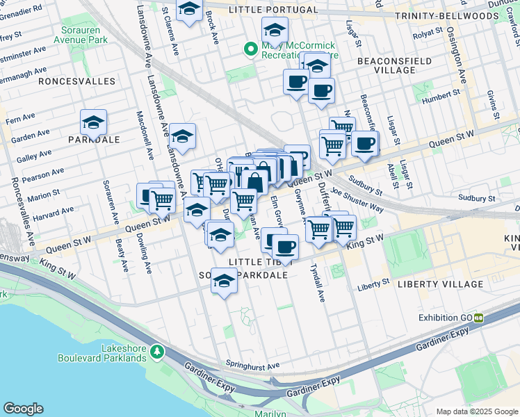 map of restaurants, bars, coffee shops, grocery stores, and more near 201 Cowan Avenue in Toronto