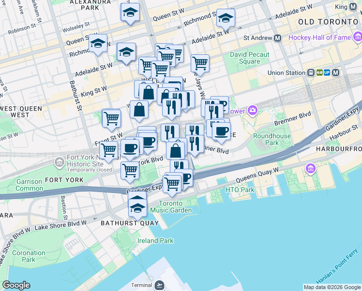 map of restaurants, bars, coffee shops, grocery stores, and more near 4 Spadina Avenue in Toronto