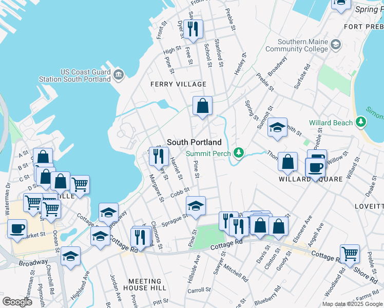 map of restaurants, bars, coffee shops, grocery stores, and more near 207 Pine Street in South Portland
