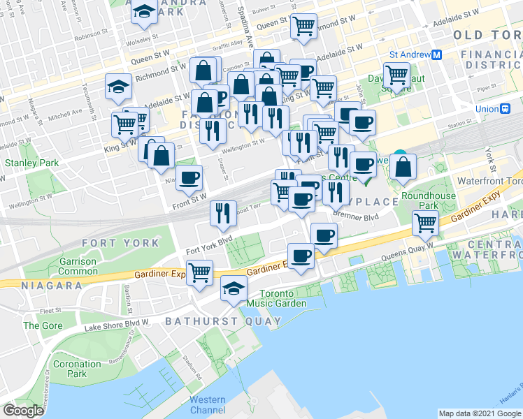 map of restaurants, bars, coffee shops, grocery stores, and more near 25 Capreol Court in Toronto