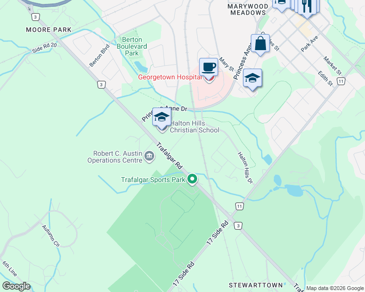 map of restaurants, bars, coffee shops, grocery stores, and more near 11605 Trafalgar Road in Halton Hills