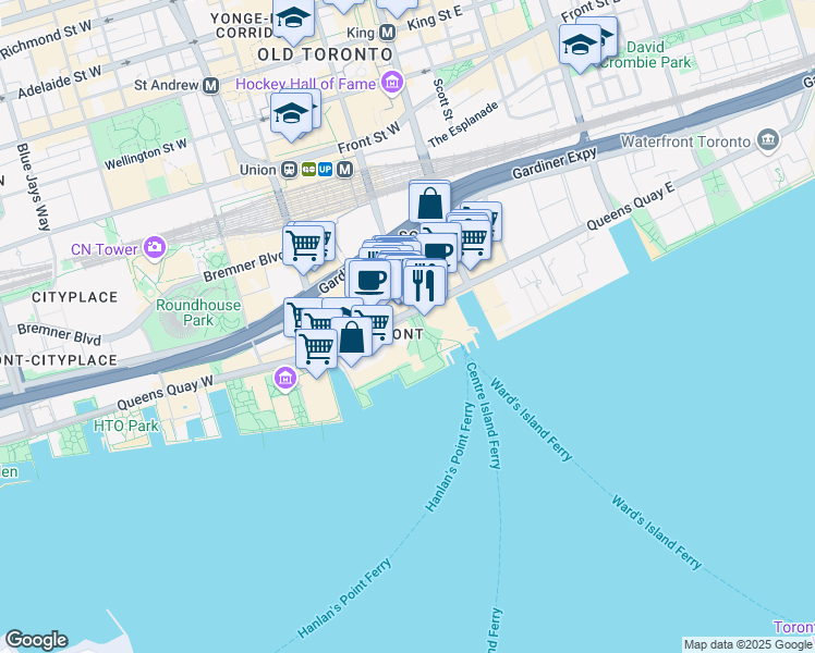 map of restaurants, bars, coffee shops, grocery stores, and more near 33 Harbour Square in Toronto