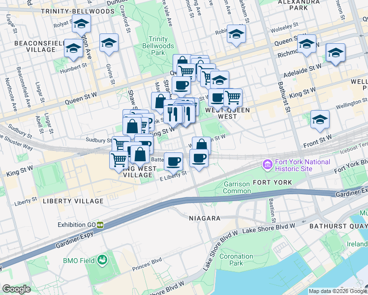 map of restaurants, bars, coffee shops, grocery stores, and more near Strachan Avenue in Toronto