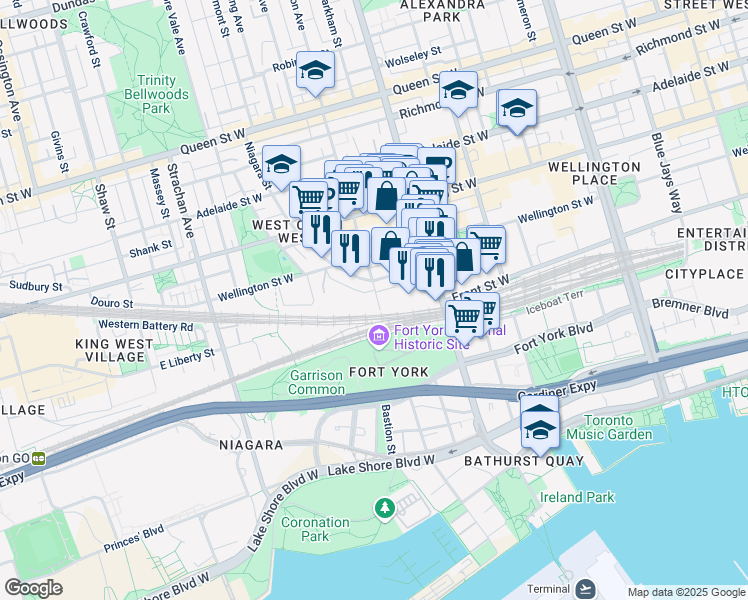map of restaurants, bars, coffee shops, grocery stores, and more near 2 Tecumseth Street in Toronto