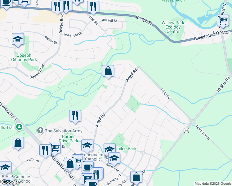 map of restaurants, bars, coffee shops, grocery stores, and more near 20 Split Maple Lane in Halton Hills