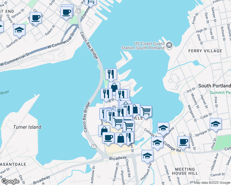map of restaurants, bars, coffee shops, grocery stores, and more near 2 A Street in South Portland
