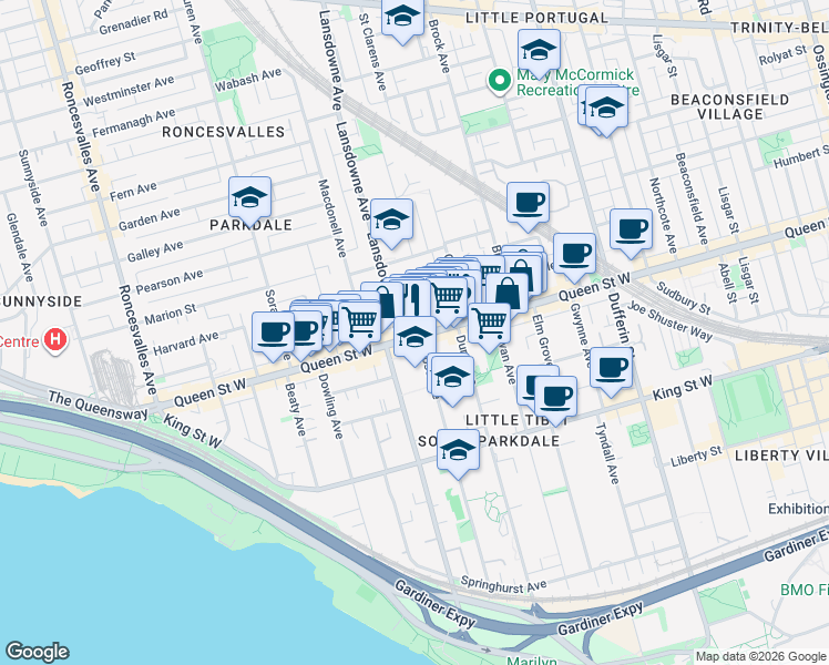 map of restaurants, bars, coffee shops, grocery stores, and more near 1454 Queen Street West in Toronto