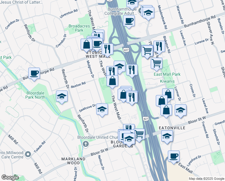 map of restaurants, bars, coffee shops, grocery stores, and more near 361 The West Mall in Toronto