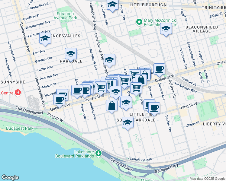 map of restaurants, bars, coffee shops, grocery stores, and more near in Toronto