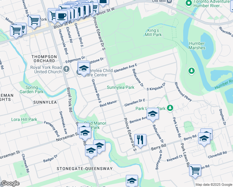 map of restaurants, bars, coffee shops, grocery stores, and more near 1 Sunnydale Drive in Toronto