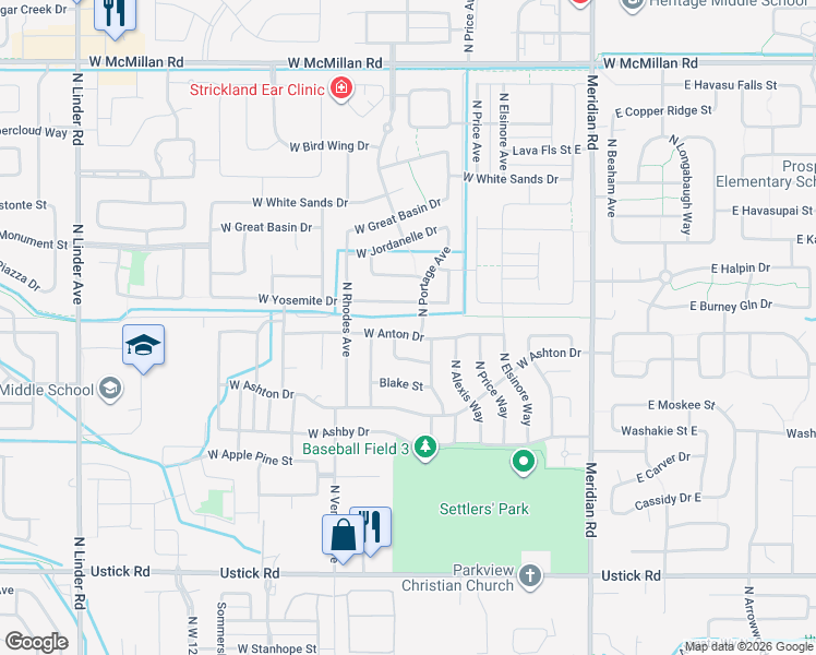 map of restaurants, bars, coffee shops, grocery stores, and more near 578 West Anton Drive in Meridian