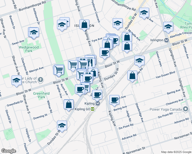 map of restaurants, bars, coffee shops, grocery stores, and more near 3819 Bloor Street West in Toronto