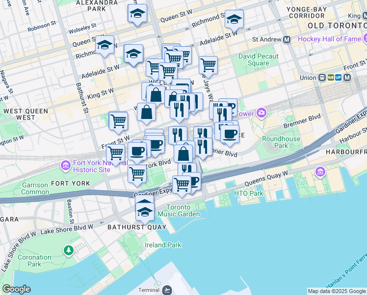 map of restaurants, bars, coffee shops, grocery stores, and more near 4 Spadina Avenue in Toronto