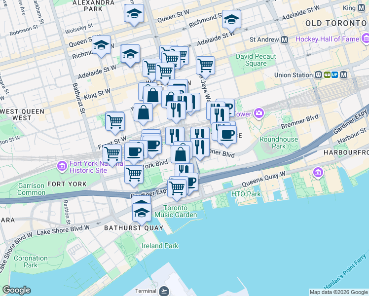 map of restaurants, bars, coffee shops, grocery stores, and more near in Toronto