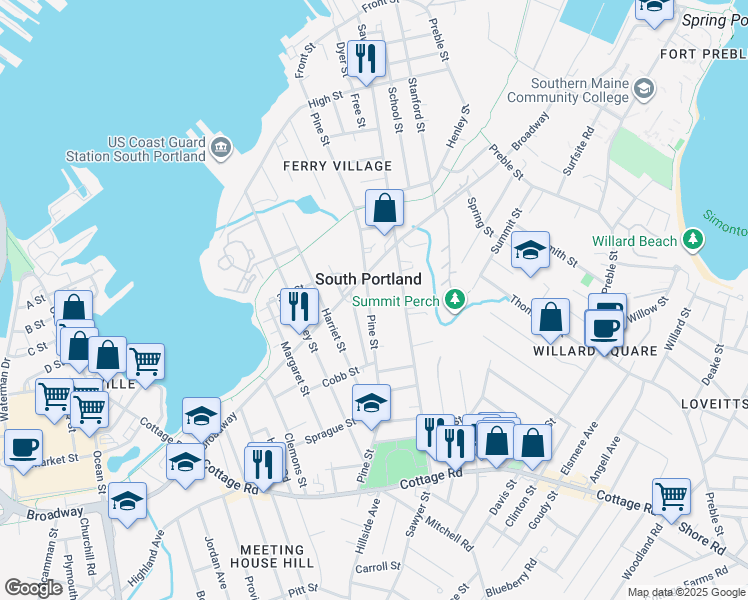 map of restaurants, bars, coffee shops, grocery stores, and more near 210 Pine Street in South Portland