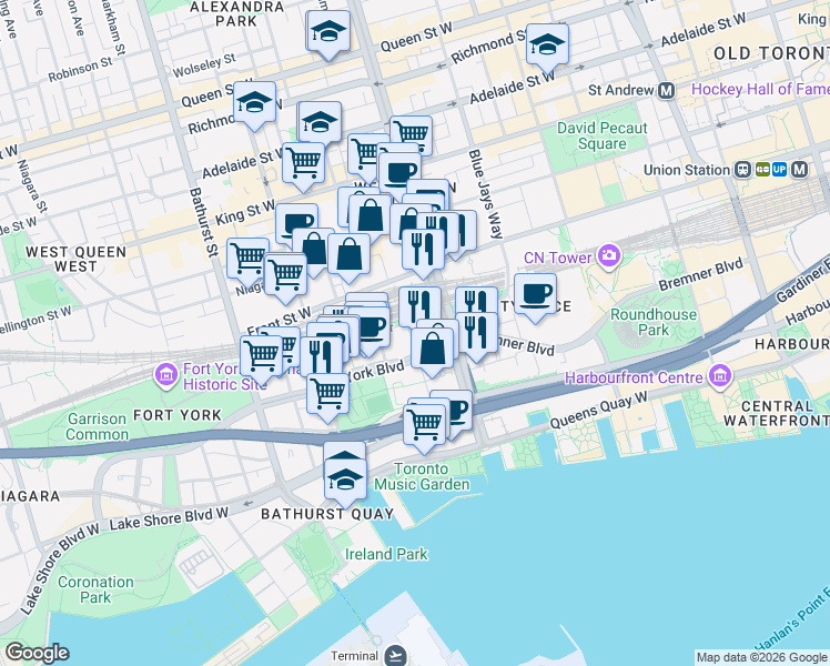 map of restaurants, bars, coffee shops, grocery stores, and more near 25 Telegram Mews in Toronto