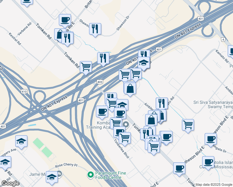 map of restaurants, bars, coffee shops, grocery stores, and more near 1035 Ronsa Court in Mississauga