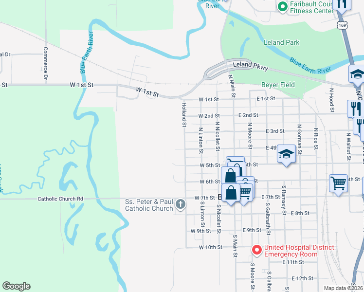 map of restaurants, bars, coffee shops, grocery stores, and more near 303 Holland Street in Blue Earth