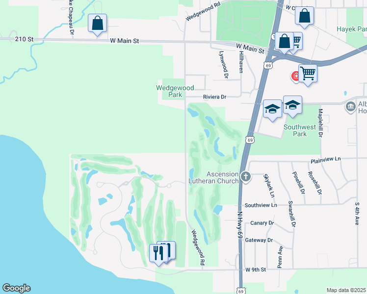 map of restaurants, bars, coffee shops, grocery stores, and more near 14-14 Wedgewood Road in Albert Lea