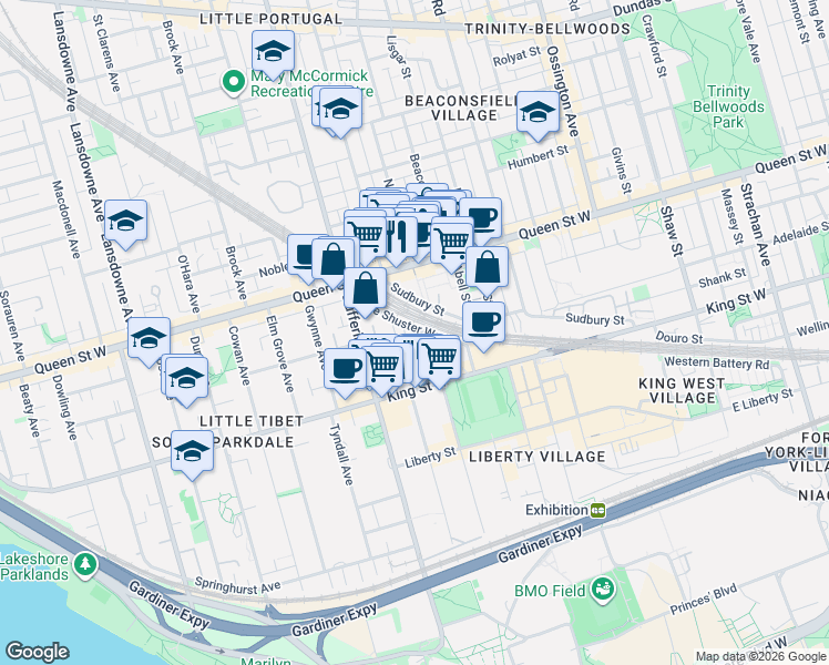 map of restaurants, bars, coffee shops, grocery stores, and more near 50 Joe Shuster Way in Toronto