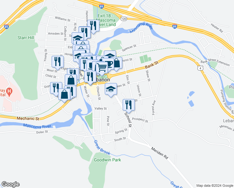 map of restaurants, bars, coffee shops, grocery stores, and more near 19 School Street in Lebanon