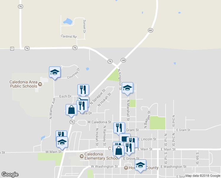 map of restaurants, bars, coffee shops, grocery stores, and more near 803 North Hokah Street in Caledonia