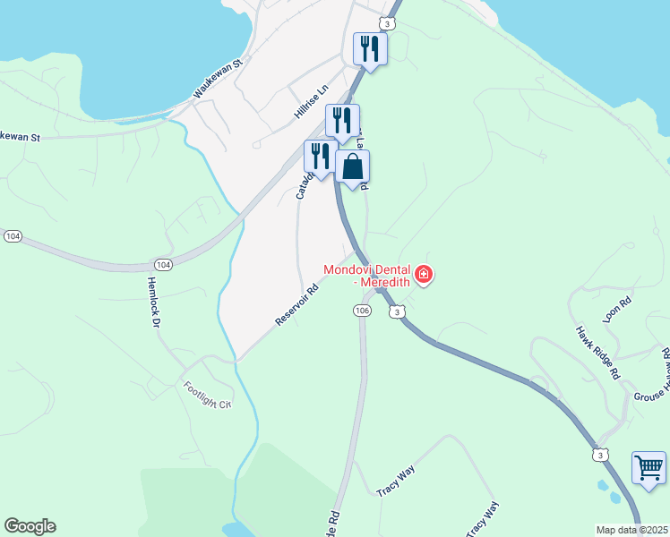 map of restaurants, bars, coffee shops, grocery stores, and more near 26 Reservoir Road in Meredith