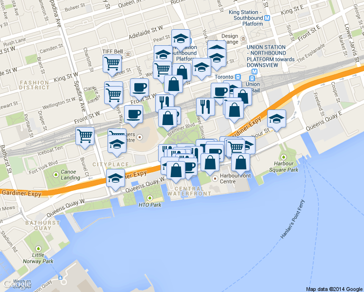 map of restaurants, bars, coffee shops, grocery stores, and more near 255 Bremner Boulevard in Toronto