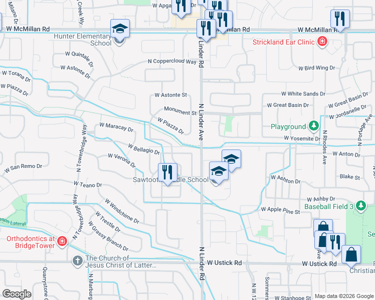 map of restaurants, bars, coffee shops, grocery stores, and more near 1698 West Bellagio Drive in Meridian