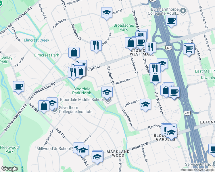map of restaurants, bars, coffee shops, grocery stores, and more near 5 Boreal Road in Toronto