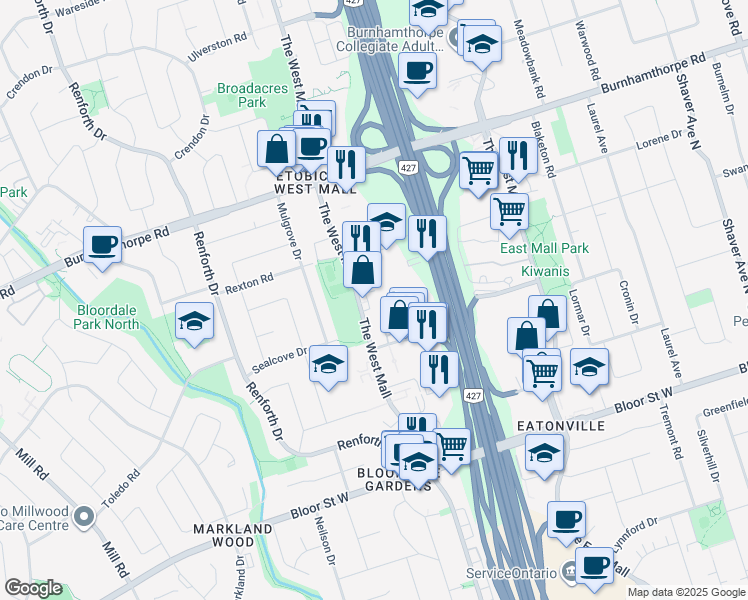 map of restaurants, bars, coffee shops, grocery stores, and more near 361 The West Mall in Toronto