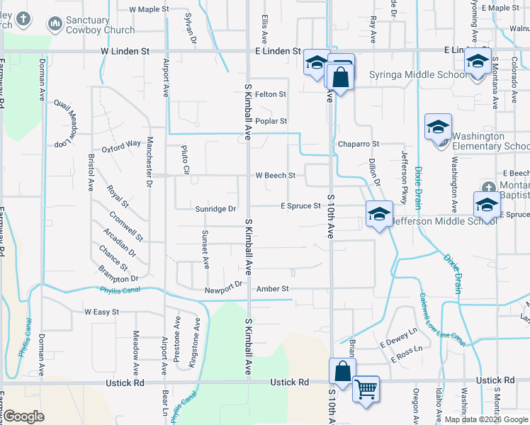 map of restaurants, bars, coffee shops, grocery stores, and more near 120 E Spruce St in Caldwell