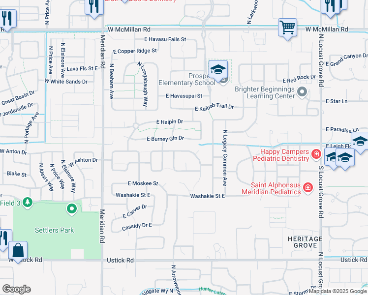 map of restaurants, bars, coffee shops, grocery stores, and more near 610 East Anton Street in Meridian